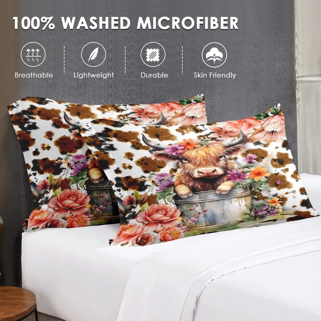 7 Pcs Queen Size Comforter Set with 2 Pillowcases & 2 Shams, Cute Happy Highland Bull Bedding for Kids and Adults, Flower Cow Cattle Print Bed in a Bag with Flat Fitted Sheet