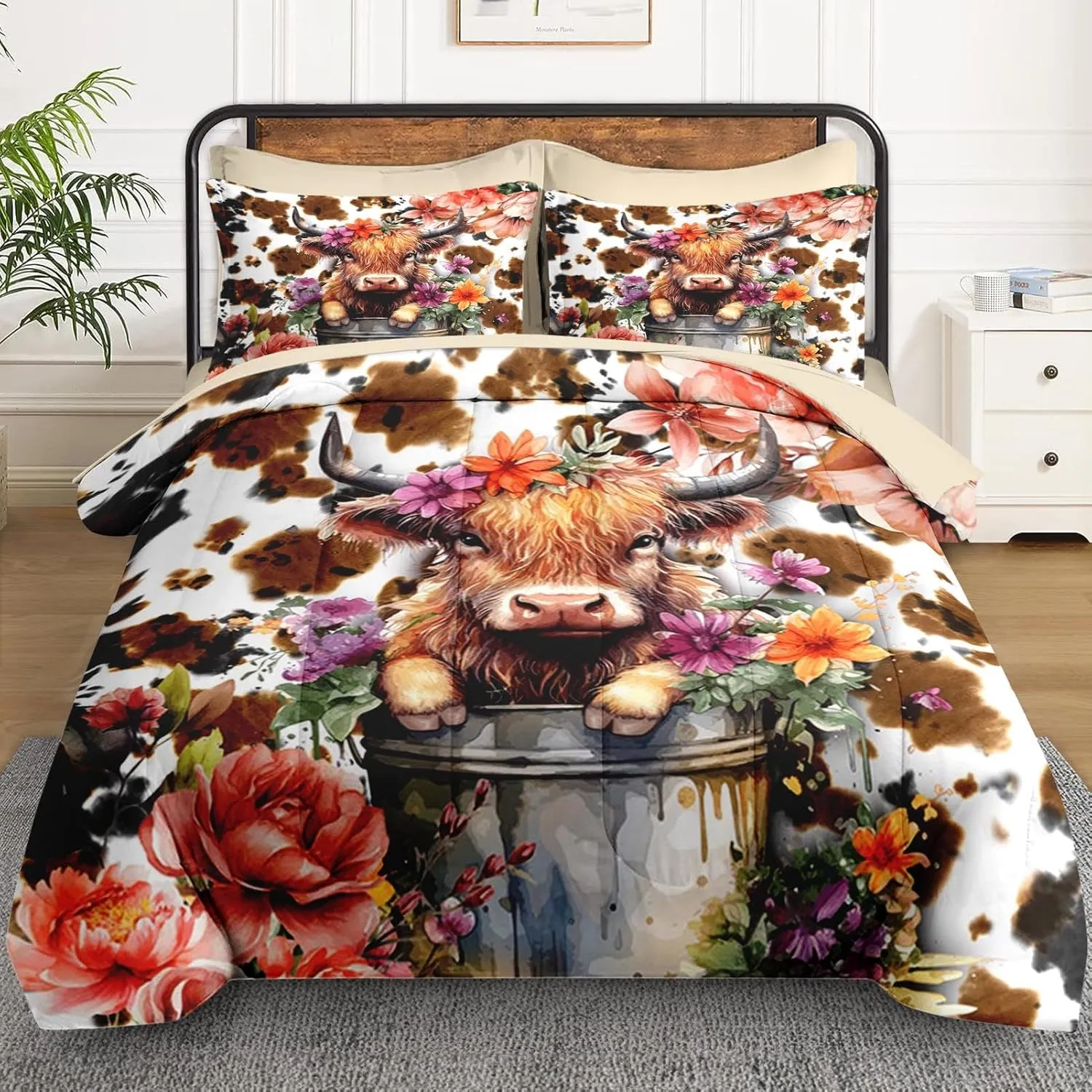 7 Pcs Queen Size Comforter Set with 2 Pillowcases & 2 Shams, Cute Happy Highland Bull Bedding for Kids and Adults, Flower Cow Cattle Print Bed in a Bag with Flat Fitted Sheet