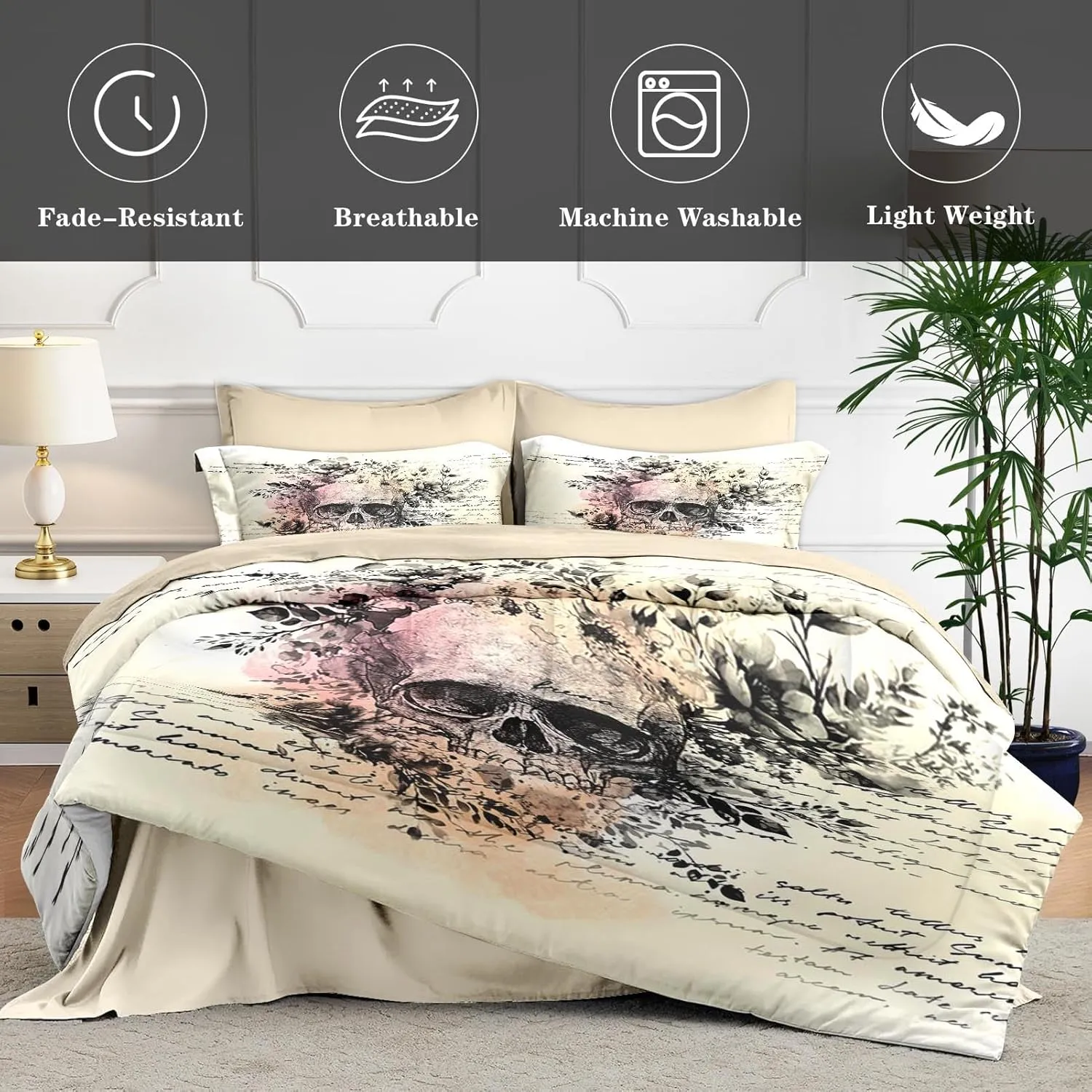 7 Pcs Queen Size Comforter Set with 2 Pillowcases & 2 Shams, Rock Bedding for Kids and Adults, Roll Gothic Bed in a Bag with Flat Fitted Sheet