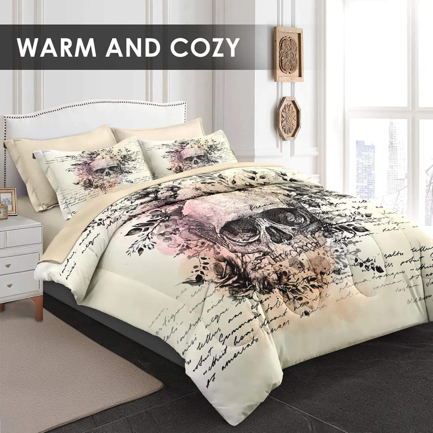 7 Pcs Queen Size Comforter Set with 2 Pillowcases & 2 Shams, Rock Bedding for Kids and Adults, Roll Gothic Bed in a Bag with Flat Fitted Sheet