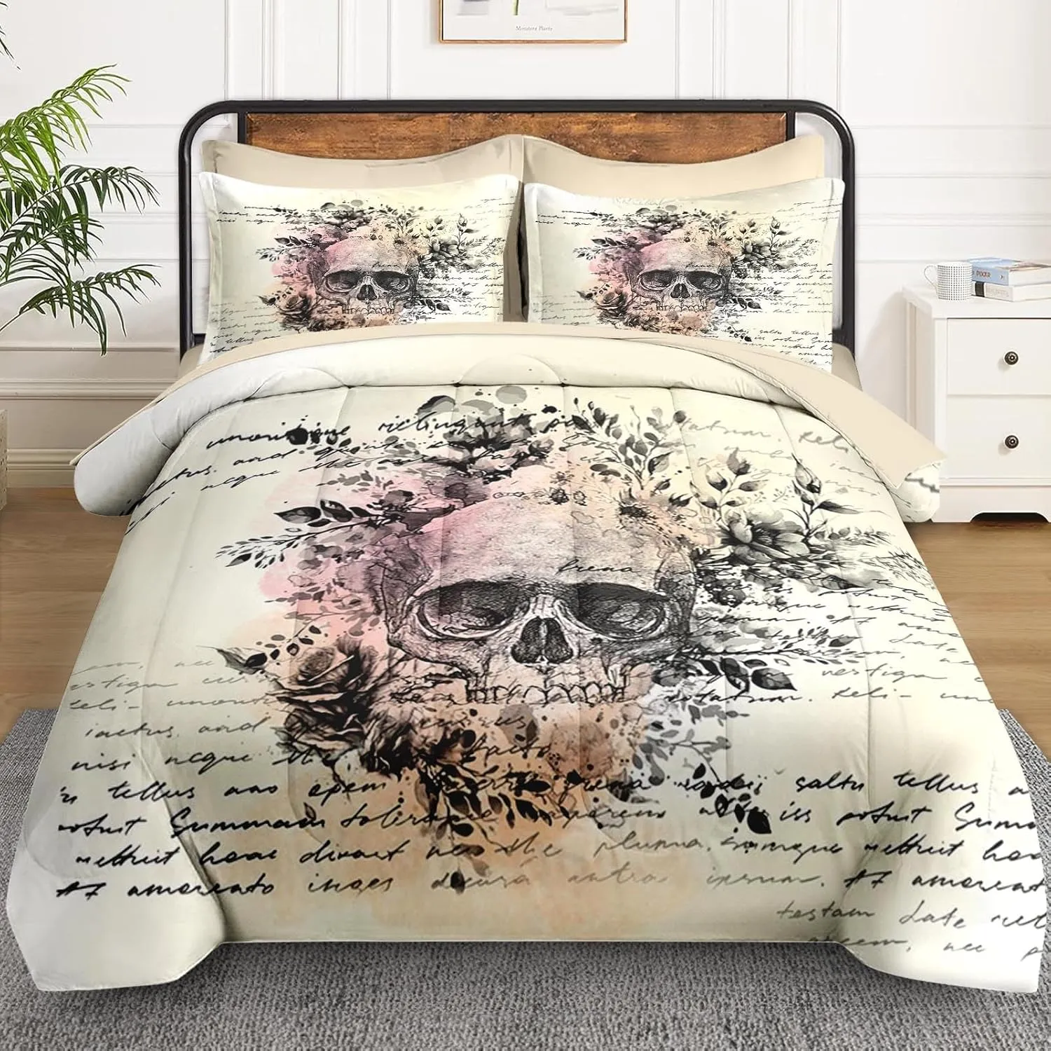 7 Pcs Queen Size Comforter Set with 2 Pillowcases & 2 Shams, Rock Bedding for Kids and Adults, Roll Gothic Bed in a Bag with Flat Fitted Sheet