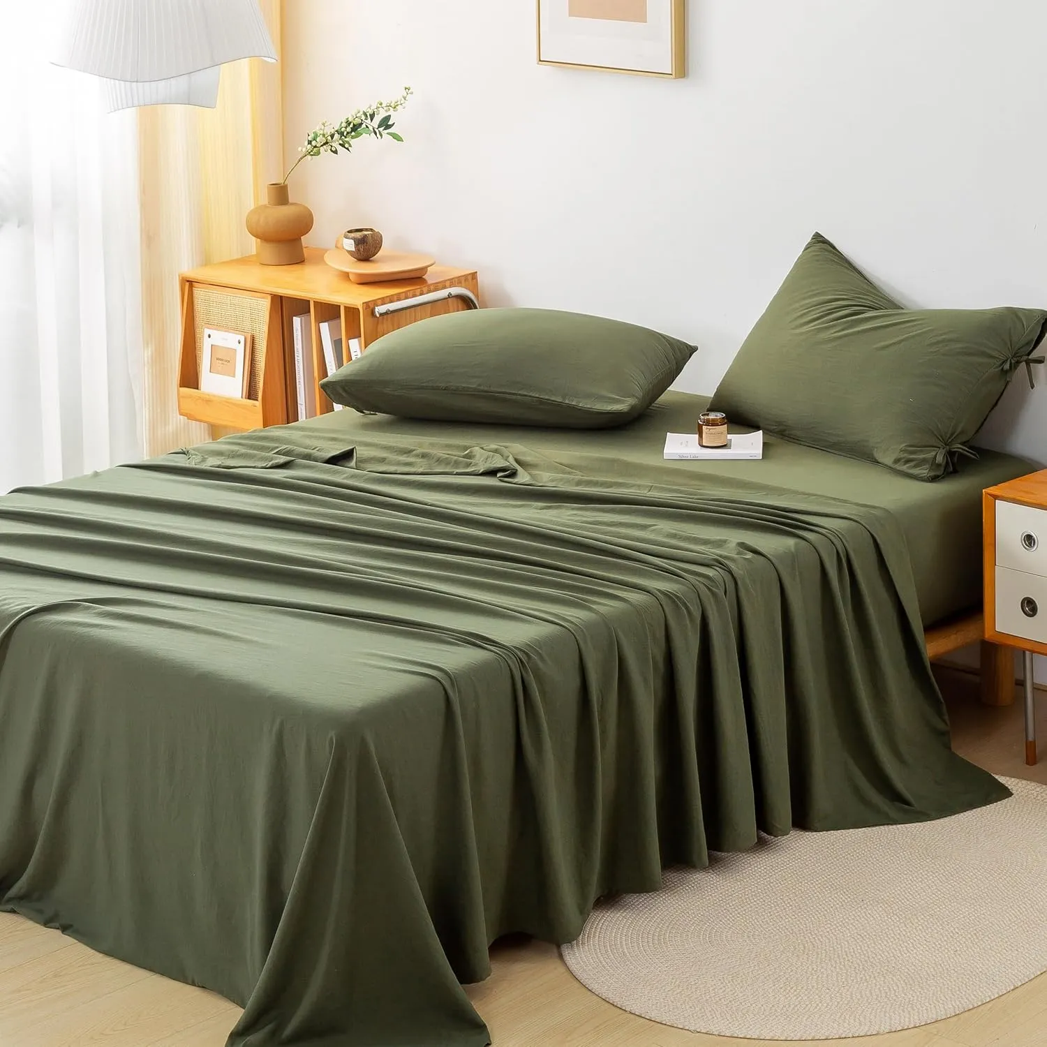 7 Piece Solid Softness King Bed Sets with Sheets and Comforter, Elegant Natural Polycotton Bed in a Bag with 16" Pocket Fitted Flat Sheet Pillow Case Lightweight All Season, Olive Green King