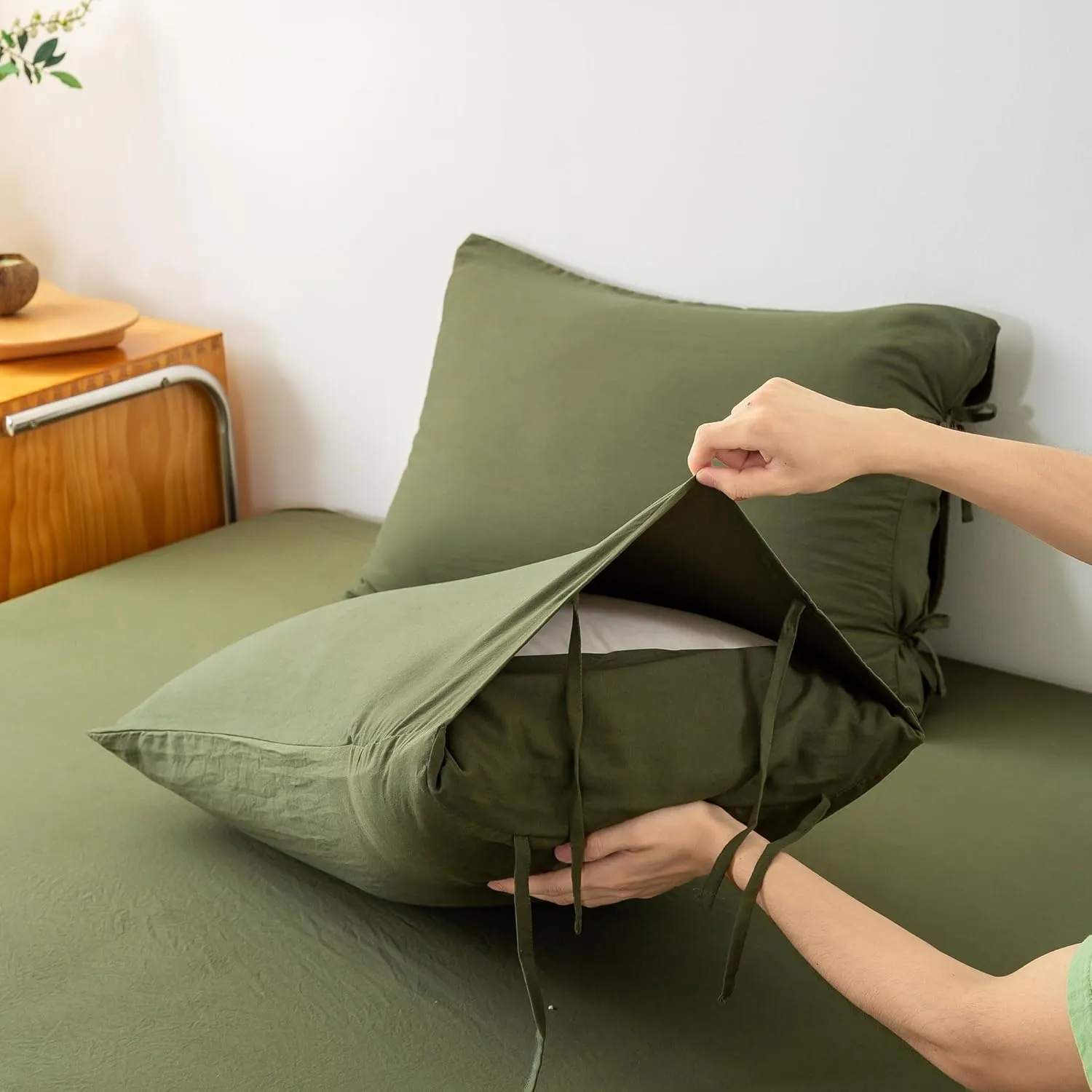 7 Piece Solid Softness King Bed Sets with Sheets and Comforter, Elegant Natural Polycotton Bed in a Bag with 16" Pocket Fitted Flat Sheet Pillow Case Lightweight All Season, Olive Green King