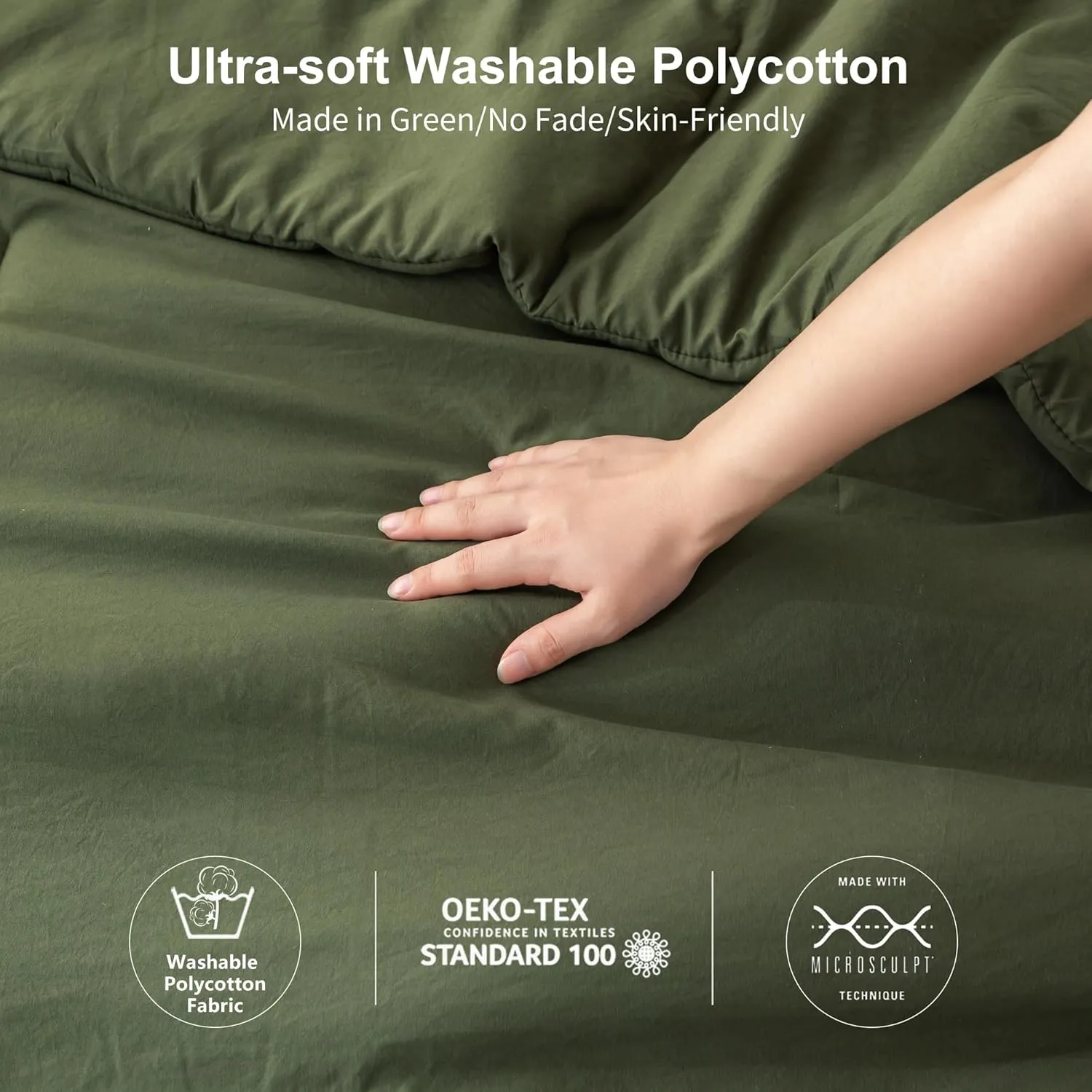 7 Piece Solid Softness King Bed Sets with Sheets and Comforter, Elegant Natural Polycotton Bed in a Bag with 16" Pocket Fitted Flat Sheet Pillow Case Lightweight All Season, Olive Green King