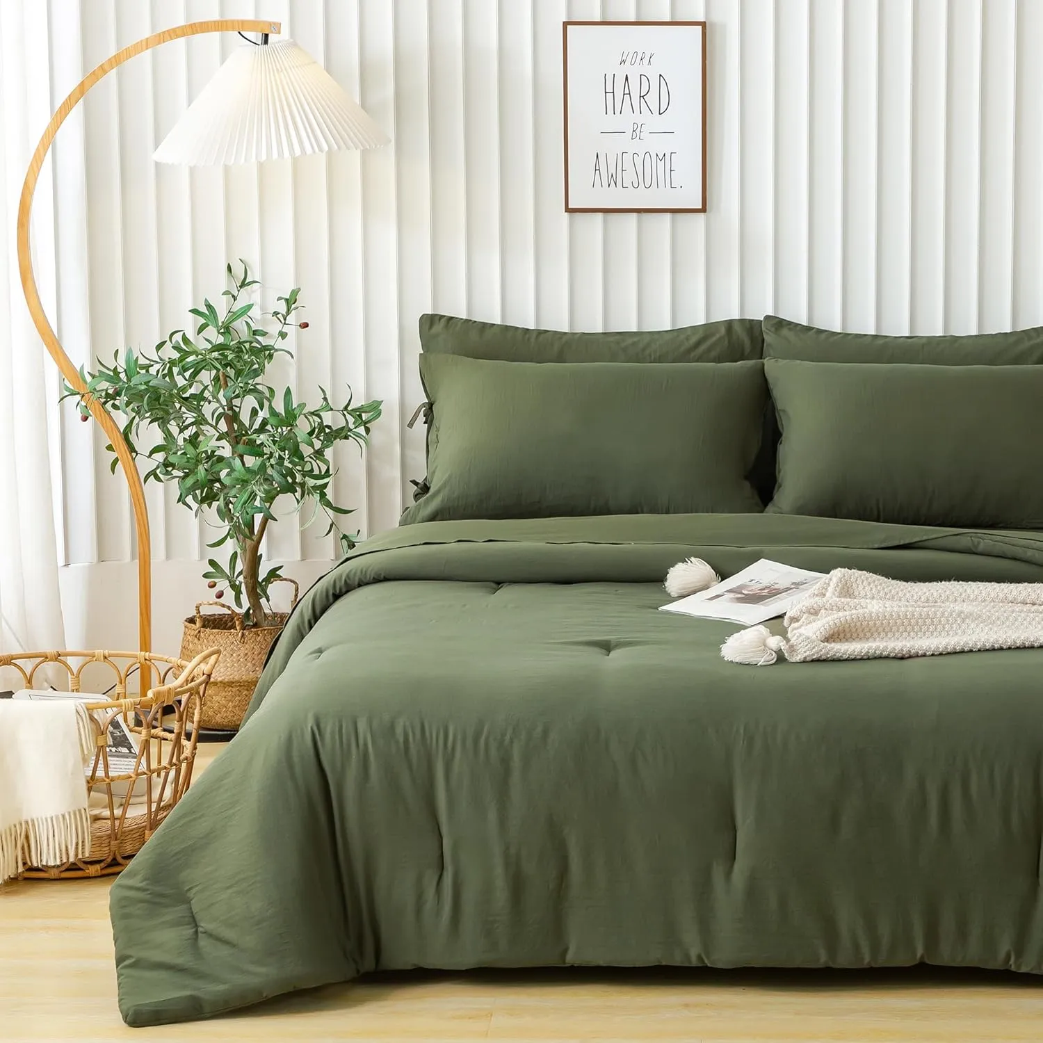 7 Piece Solid Softness King Bed Sets with Sheets and Comforter, Elegant Natural Polycotton Bed in a Bag with 16" Pocket Fitted Flat Sheet Pillow Case Lightweight All Season, Olive Green King