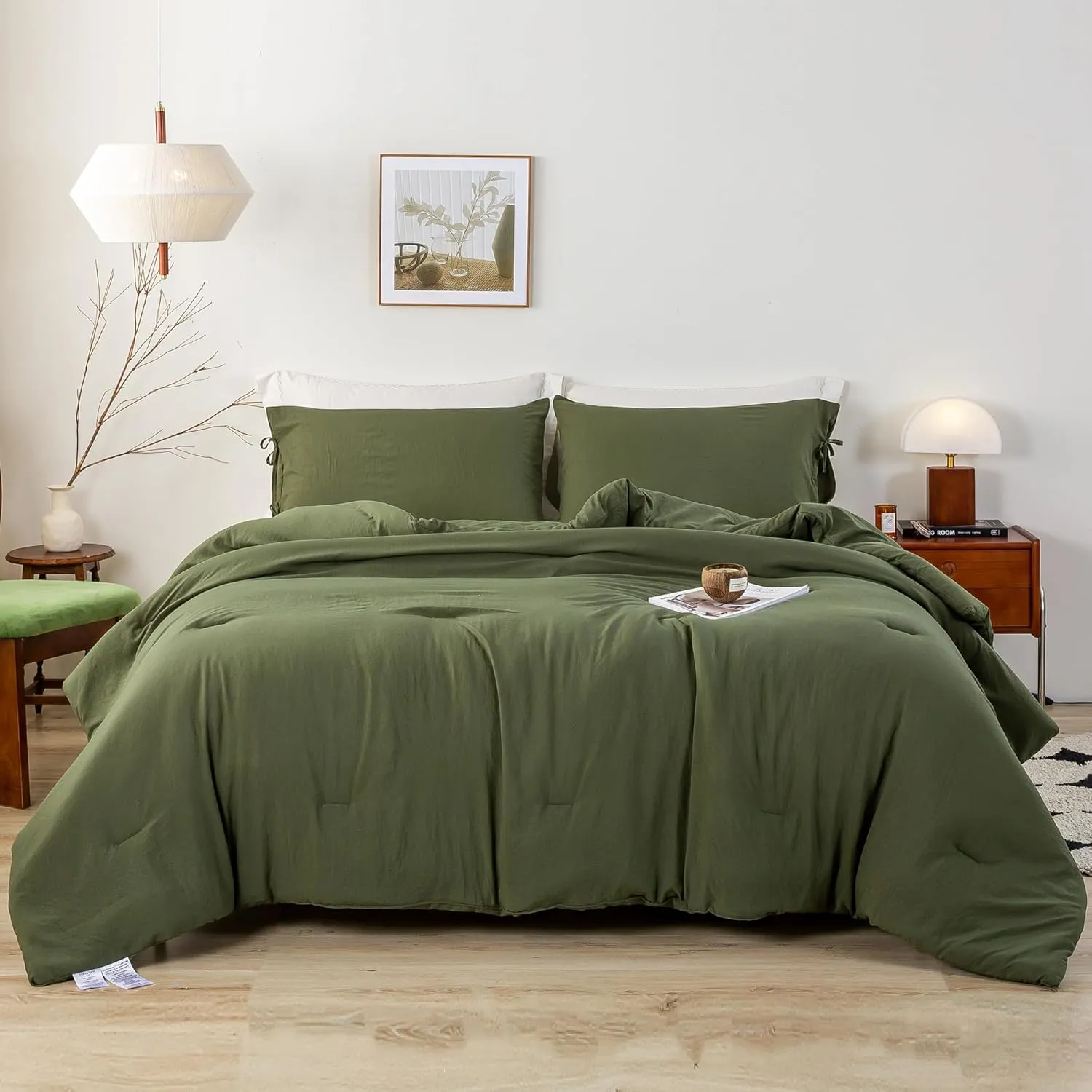 7 Piece Solid Softness King Bed Sets with Sheets and Comforter, Elegant Natural Polycotton Bed in a Bag with 16" Pocket Fitted Flat Sheet Pillow Case Lightweight All Season, Olive Green King