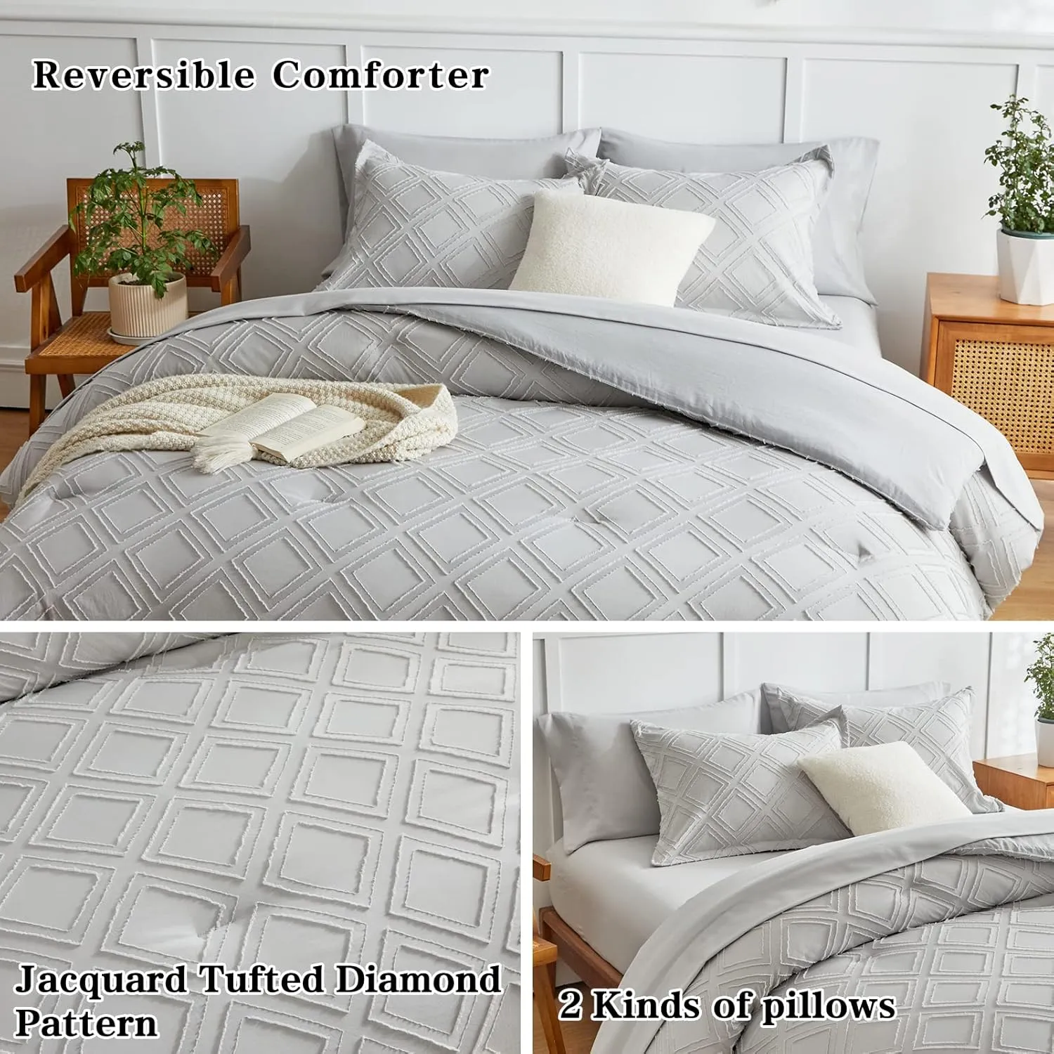 7 Pieces Tufted Bed in a Bag Queen Comforter Set with Sheets Light Grey, Soft and Embroidery Shabby Chic Boho Bohemian, Solid Color with Diamond Pattern, Jacquard Tufts Bedding Set for All Season