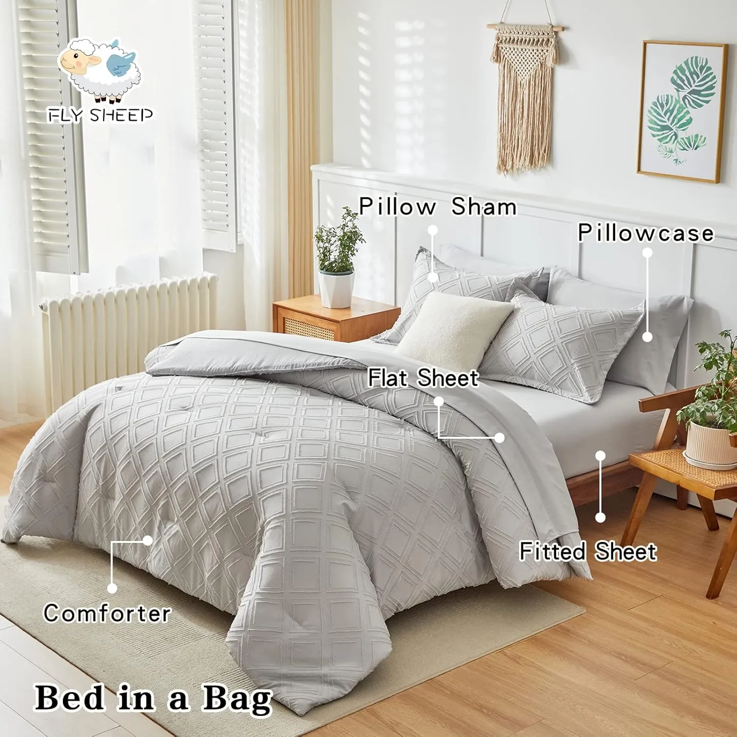 7 Pieces Tufted Bed in a Bag Queen Comforter Set with Sheets Light Grey, Soft and Embroidery Shabby Chic Boho Bohemian, Solid Color with Diamond Pattern, Jacquard Tufts Bedding Set for All Season