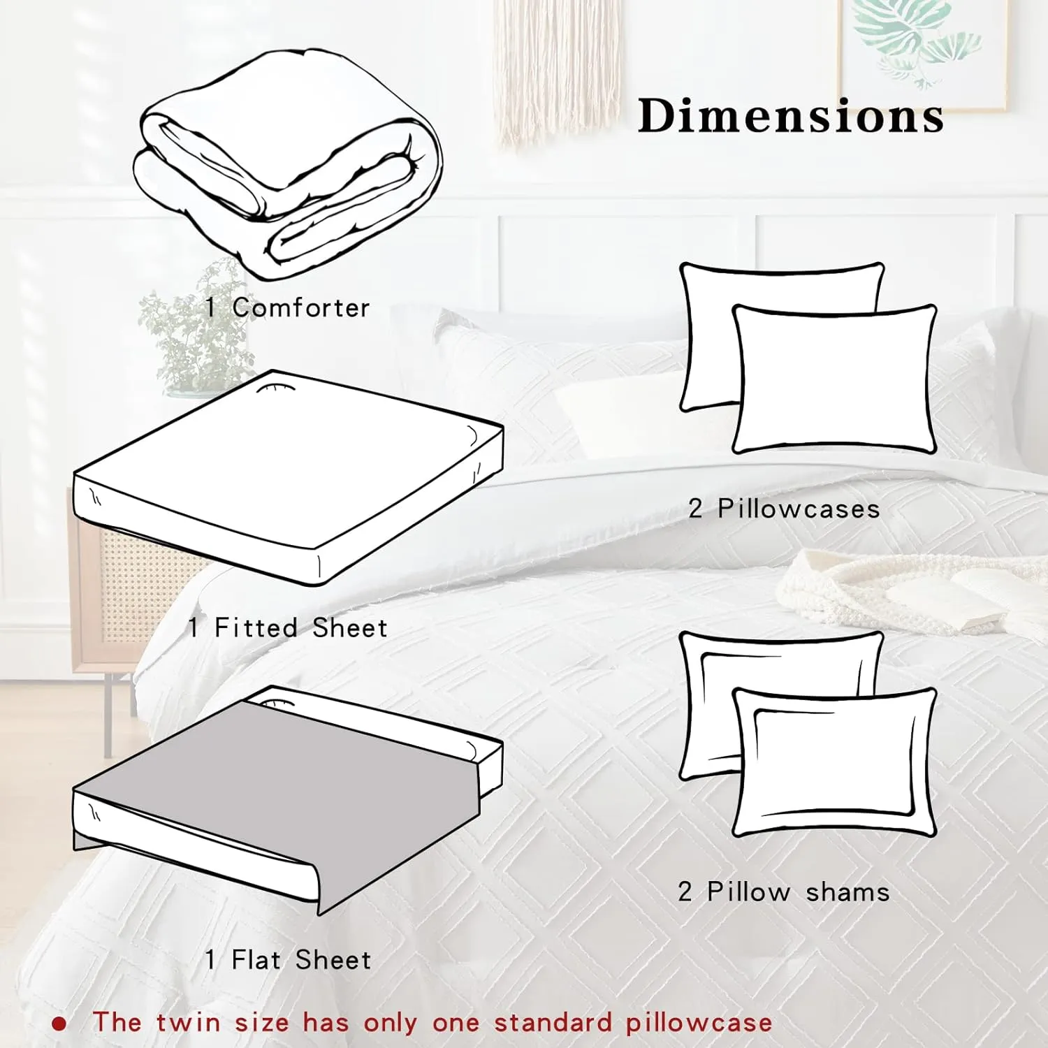 7 Pieces Tufted Bed in a Bag Queen Comforter Set with Sheets Light Grey, Soft and Embroidery Shabby Chic Boho Bohemian, Solid Color with Diamond Pattern, Jacquard Tufts Bedding Set for All Season
