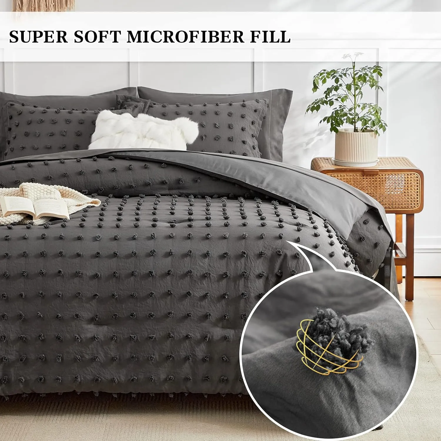7 Pieces Tufted Dots Bed in a Bag King Comforter Set with Sheets Grey , Soft and Embroidery Shabby Chic Boho Comforters, Solid Color with Pom Pom Design, Jacquard Tufts Bedding Set for All Season