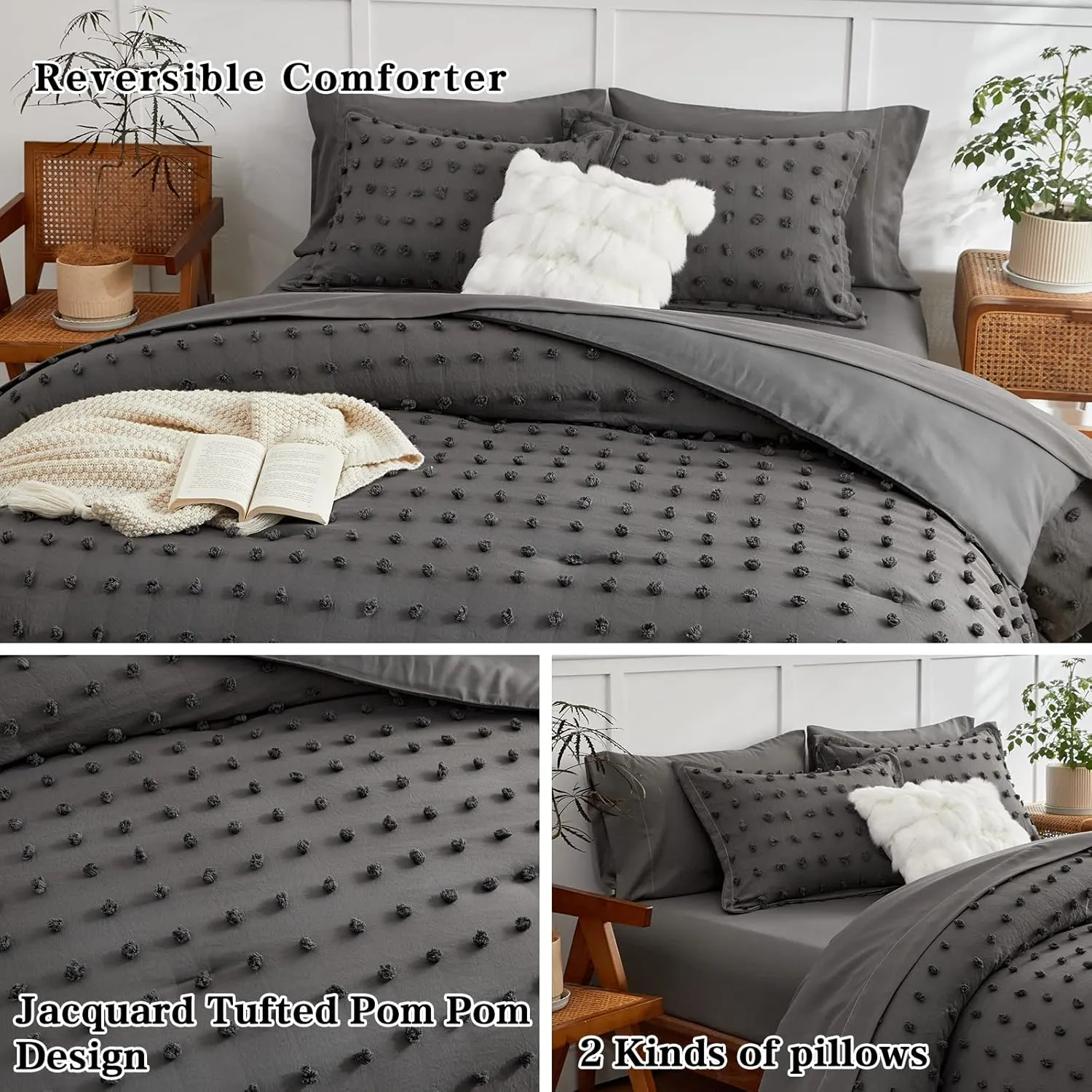 7 Pieces Tufted Dots Bed in a Bag King Comforter Set with Sheets Grey , Soft and Embroidery Shabby Chic Boho Comforters, Solid Color with Pom Pom Design, Jacquard Tufts Bedding Set for All Season