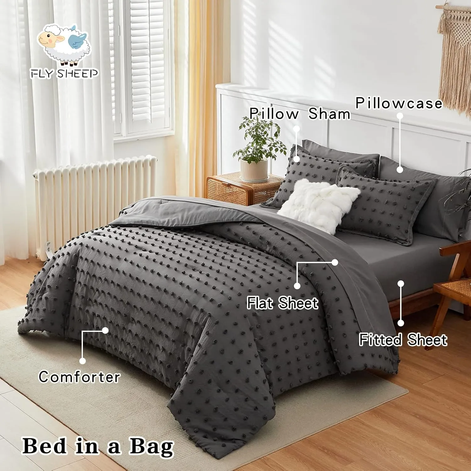 7 Pieces Tufted Dots Bed in a Bag King Comforter Set with Sheets Grey , Soft and Embroidery Shabby Chic Boho Comforters, Solid Color with Pom Pom Design, Jacquard Tufts Bedding Set for All Season