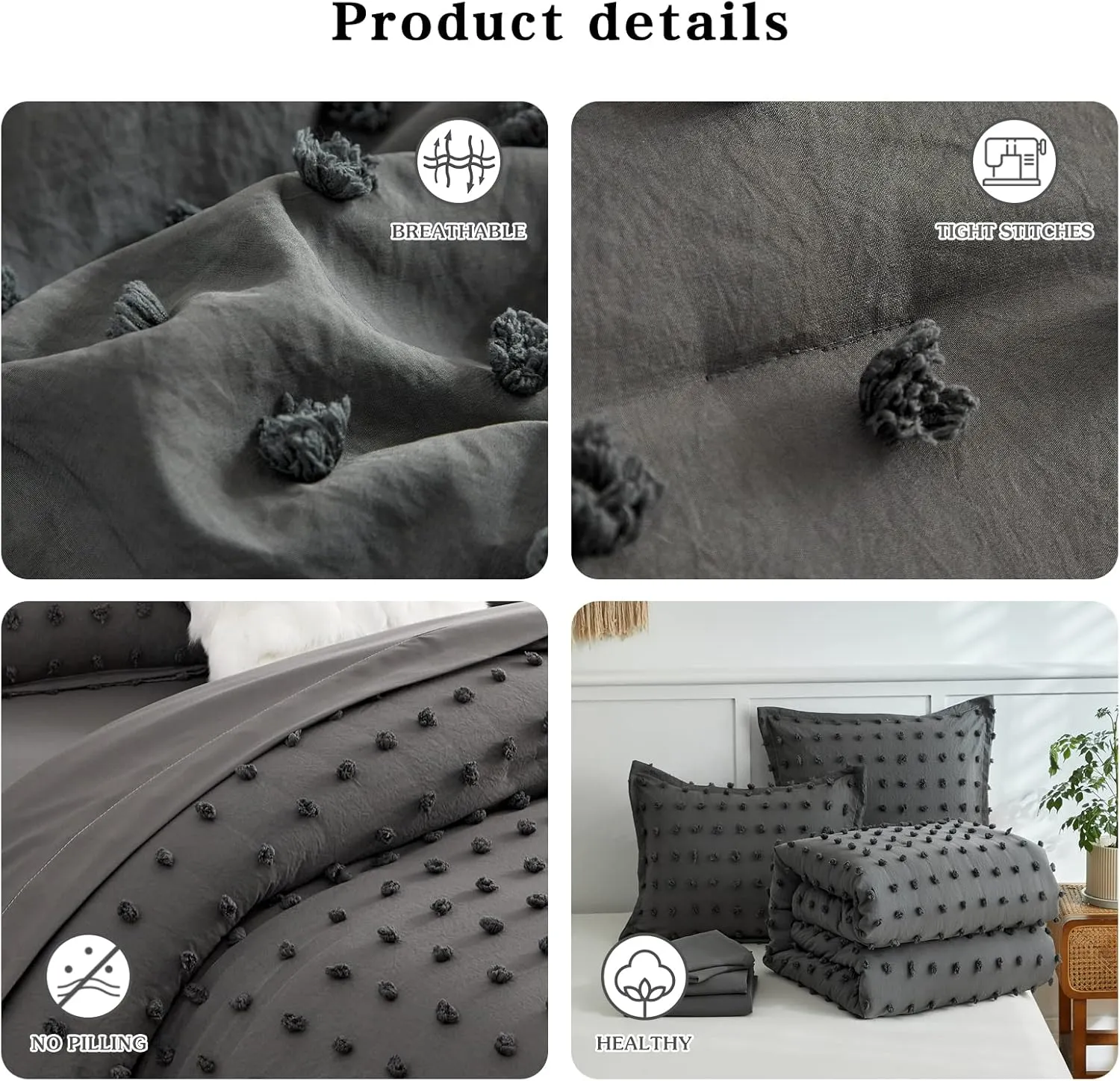 7 Pieces Tufted Dots Bed in a Bag King Comforter Set with Sheets Grey , Soft and Embroidery Shabby Chic Boho Comforters, Solid Color with Pom Pom Design, Jacquard Tufts Bedding Set for All Season