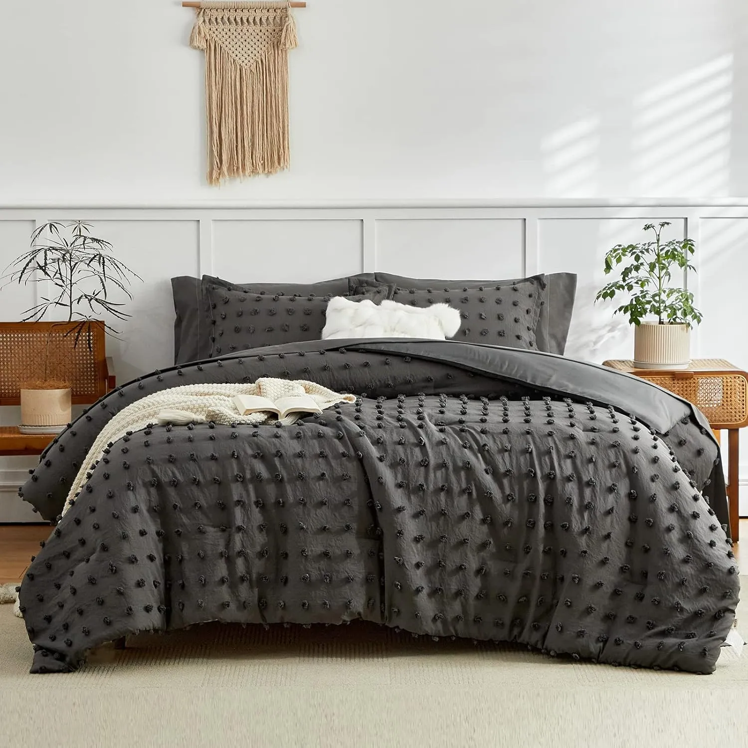 7 Pieces Tufted Dots Bed in a Bag King Comforter Set with Sheets Grey , Soft and Embroidery Shabby Chic Boho Comforters, Solid Color with Pom Pom Design, Jacquard Tufts Bedding Set for All Season
