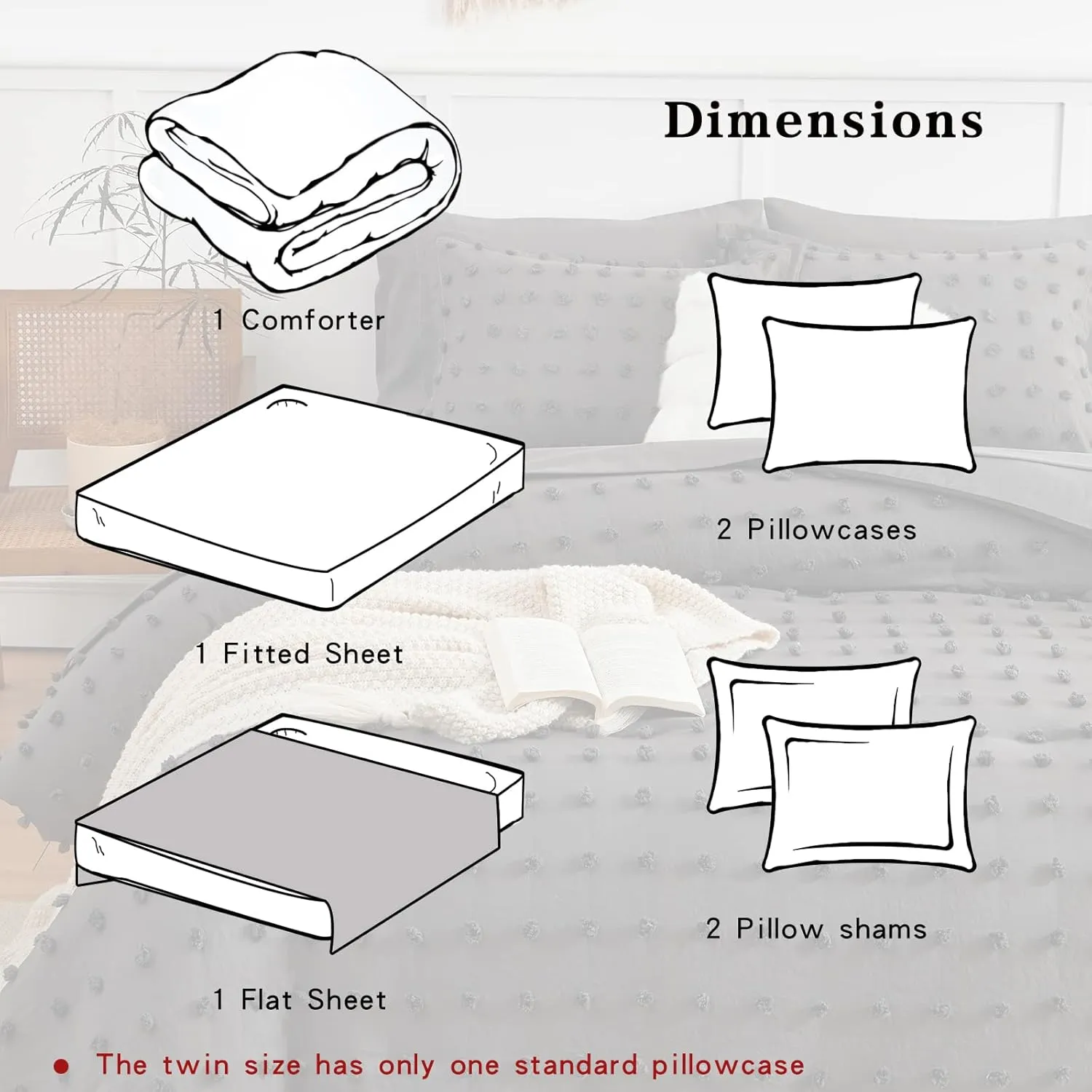 7 Pieces Tufted Dots Bed in a Bag King Comforter Set with Sheets Grey , Soft and Embroidery Shabby Chic Boho Comforters, Solid Color with Pom Pom Design, Jacquard Tufts Bedding Set for All Season