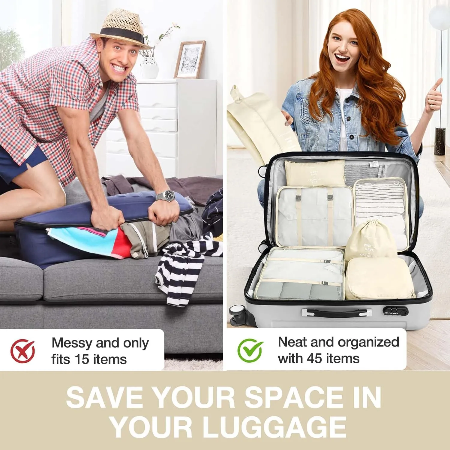 7 Set Packing Cubes for Suitcases,Packing Cube with Shoe, Cosmetics, Clothing, and Accessories Bags Packing Cubes for Travel Luggage Organizer Women Men(Beige)
