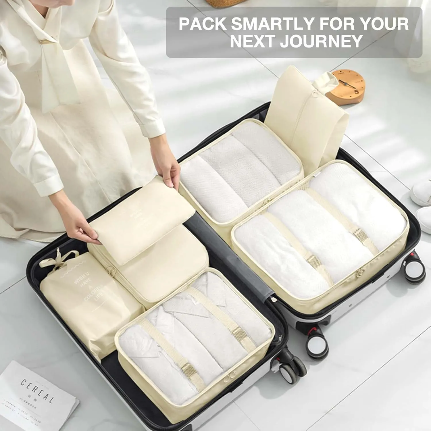 7 Set Packing Cubes for Suitcases,Packing Cube with Shoe, Cosmetics, Clothing, and Accessories Bags Packing Cubes for Travel Luggage Organizer Women Men(Beige)