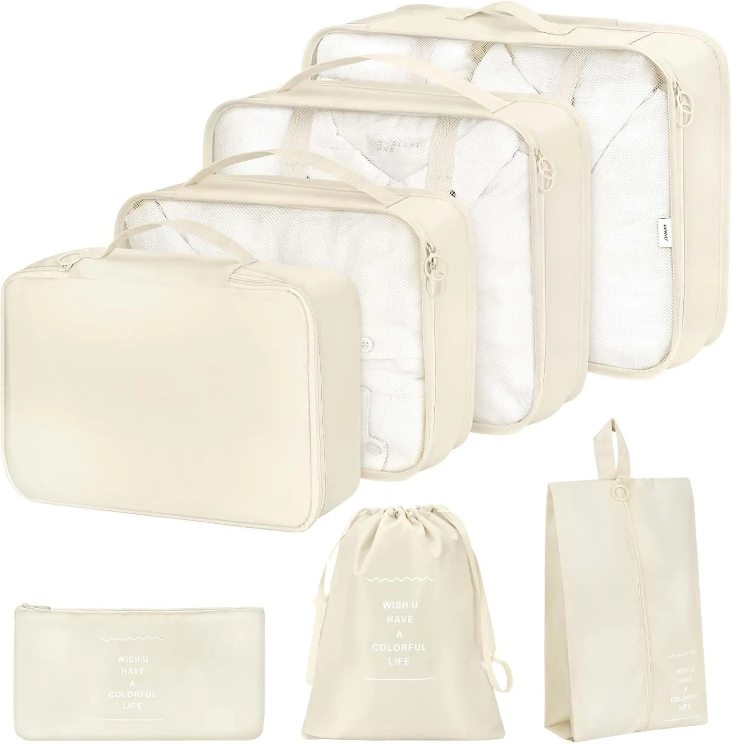 7 Set Packing Cubes for Suitcases,Packing Cube with Shoe, Cosmetics, Clothing, and Accessories Bags Packing Cubes for Travel Luggage Organizer Women Men(Beige)