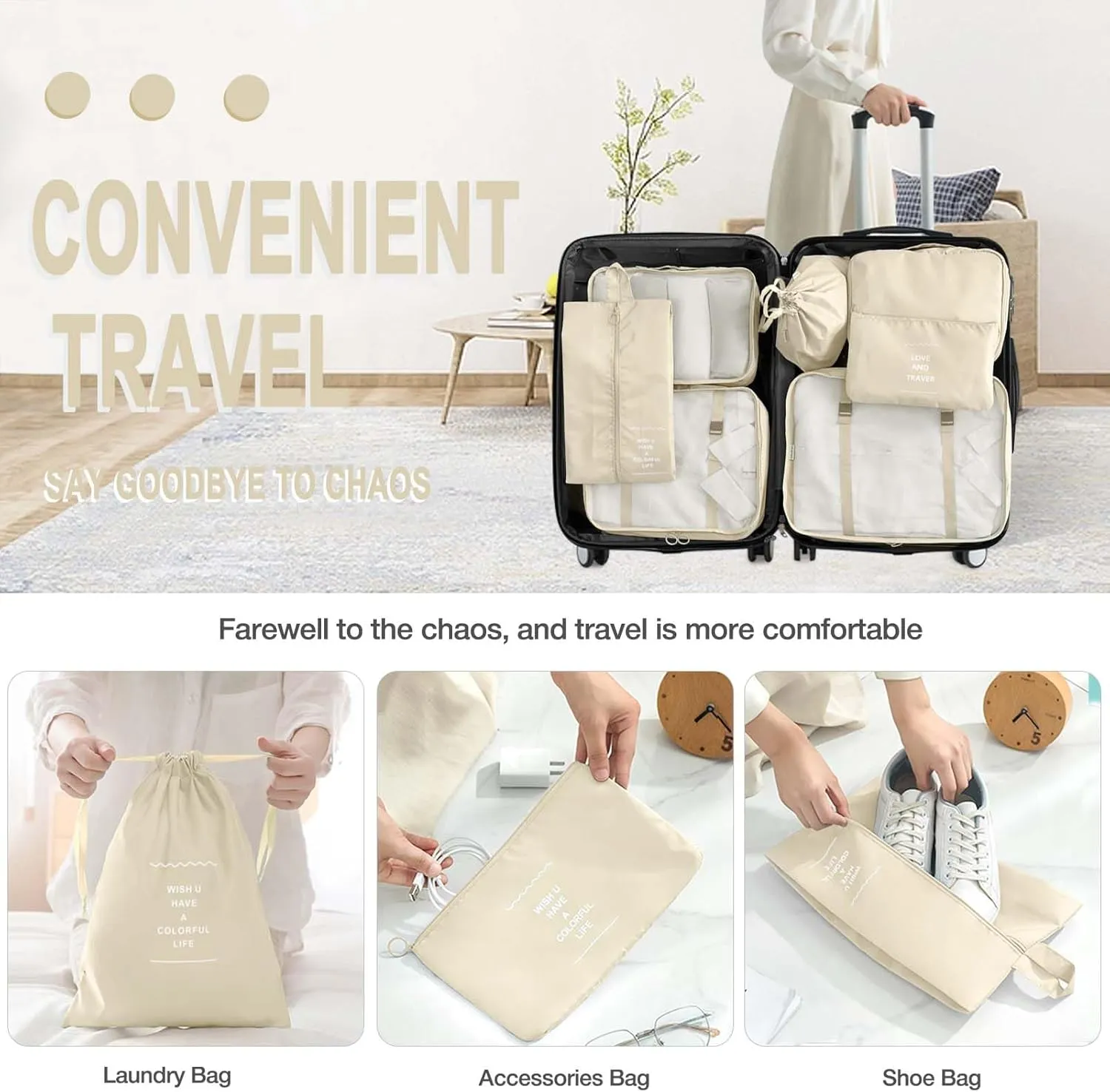 7 Set Packing Cubes for Suitcases,Packing Cube with Shoe, Cosmetics, Clothing, and Accessories Bags Packing Cubes for Travel Luggage Organizer Women Men(Beige)