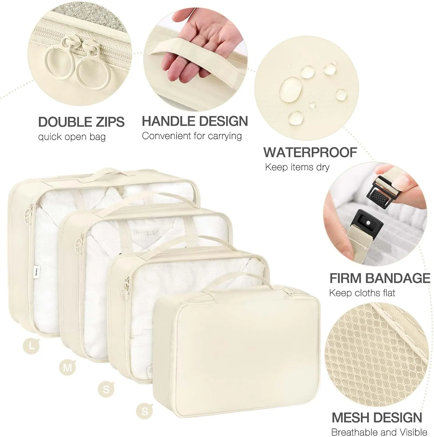 7 Set Packing Cubes for Suitcases,Packing Cube with Shoe, Cosmetics, Clothing, and Accessories Bags Packing Cubes for Travel Luggage Organizer Women Men(Beige)