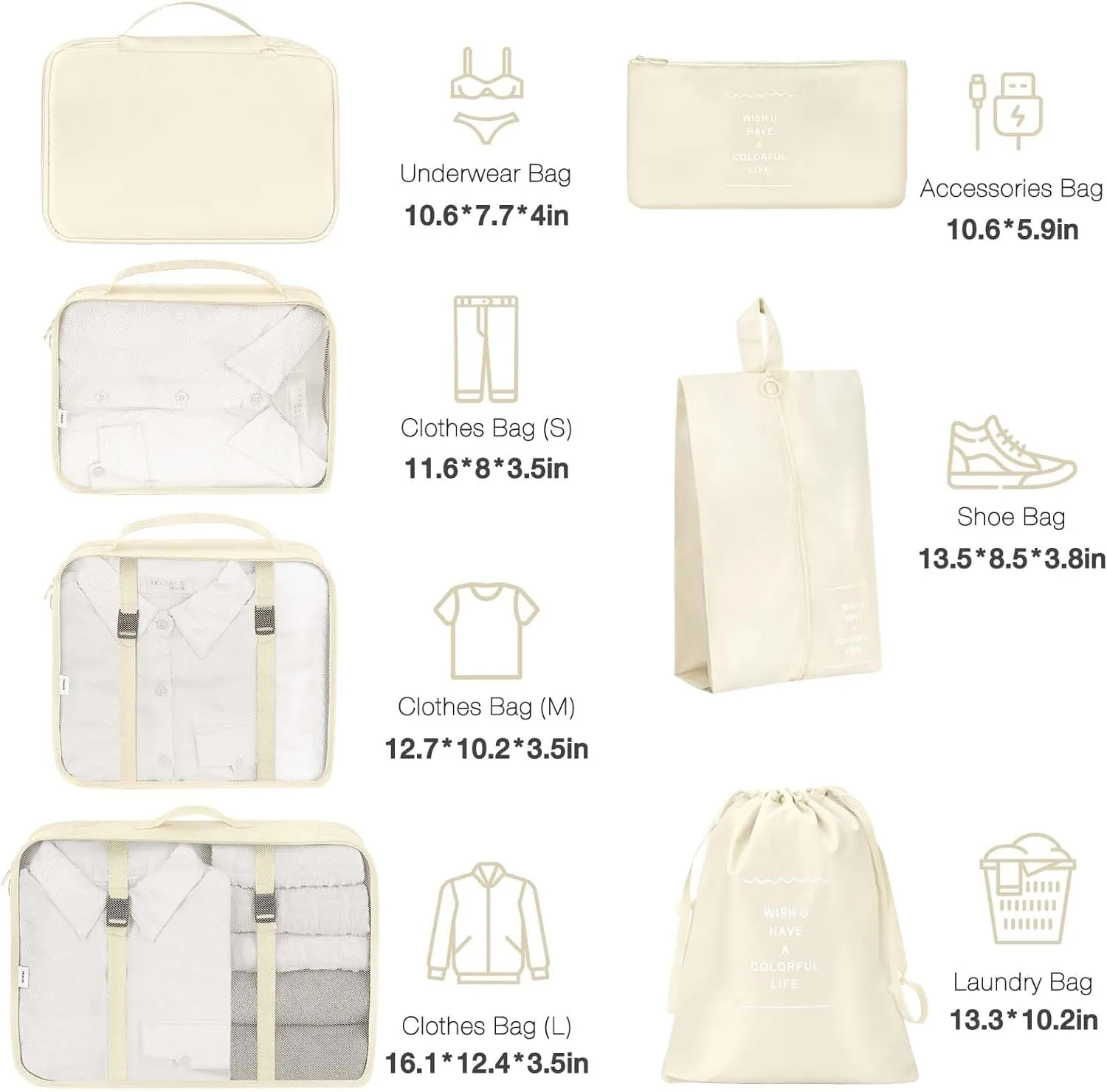7 Set Packing Cubes for Suitcases,Packing Cube with Shoe, Cosmetics, Clothing, and Accessories Bags Packing Cubes for Travel Luggage Organizer Women Men(Beige)