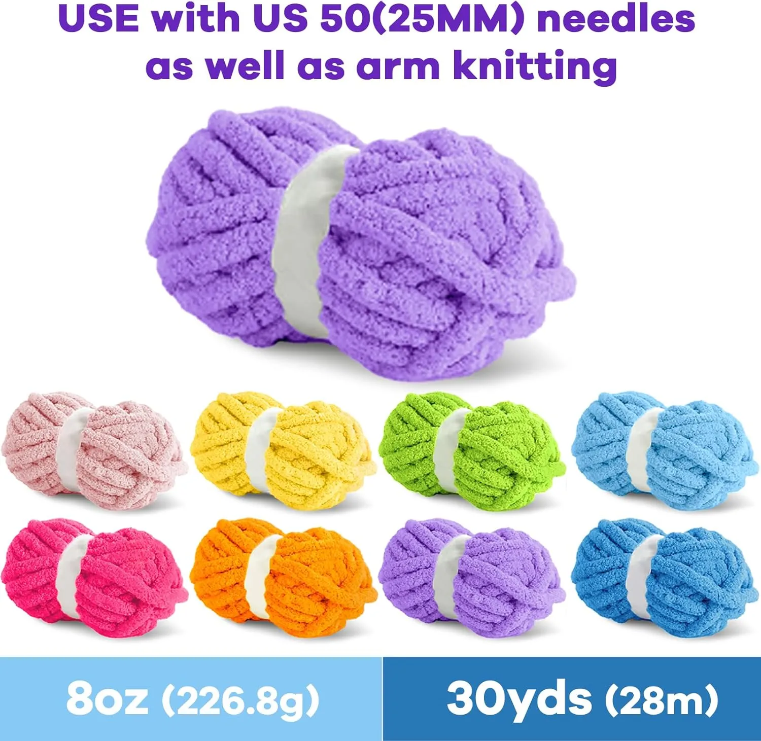 8 Packs Jumbo Colorful Chunky Chenille Yarn for Crocheting 8 Color Super Bulky Fluffy Chunky Yarn for Hand Knitting Blanket (27yds, 8oz Each Skein)