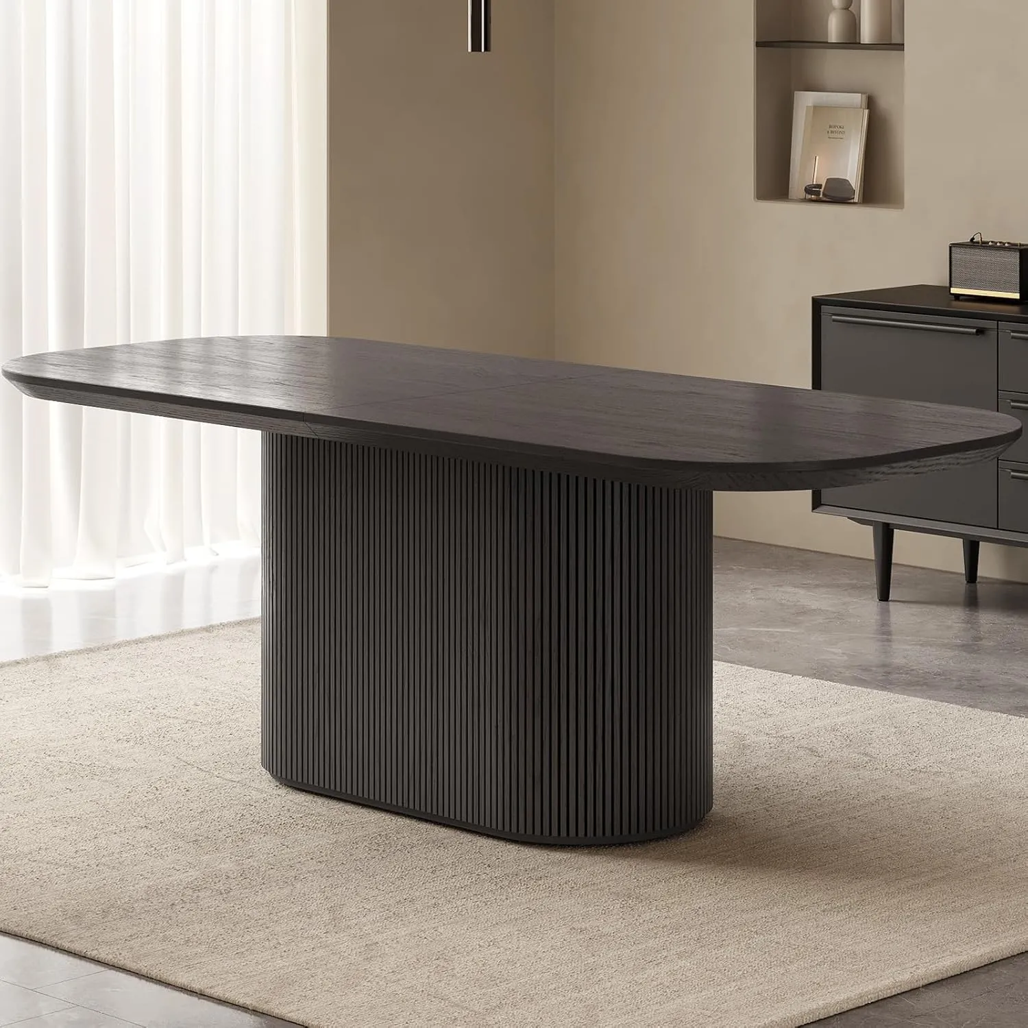 86.61" Oval Dining Table for 8, 8 Seat Dining Room Table for Kitchen, Living Room, Rectangular Kitchen Tables with Oval Pedestal, Modern Dinner Tables, Grey