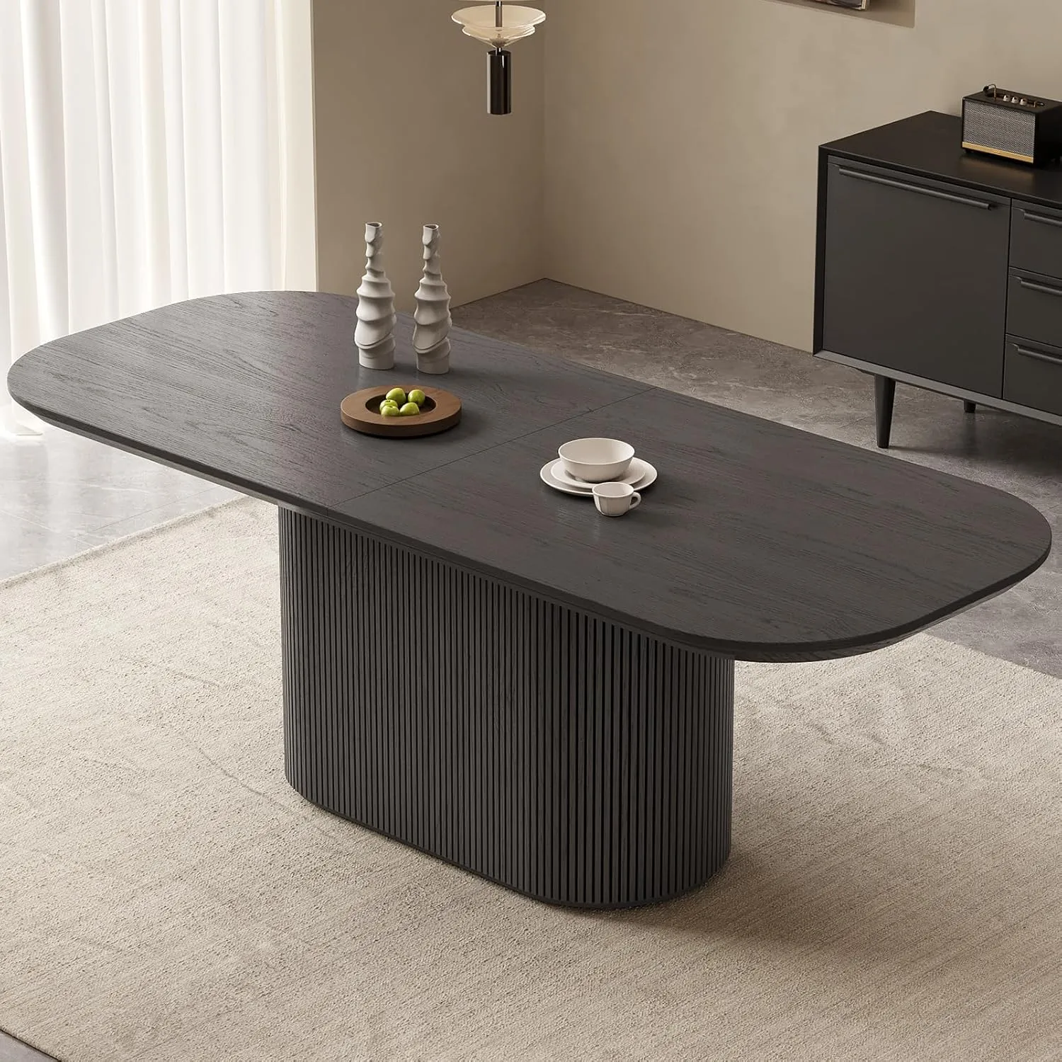 86.61" Oval Dining Table for 8, 8 Seat Dining Room Table for Kitchen, Living Room, Rectangular Kitchen Tables with Oval Pedestal, Modern Dinner Tables, Grey