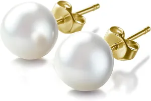 AAA  White Freshwater Cultured Pearl Stud Earrings, 14K Yellow Gold Hypoallergenic Earrings with Genuine Cultured Pearls, Flat Back Button Pearl Earrings