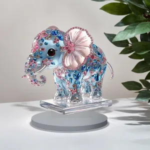 Acrylic Elephant Figurine with Pink and Blue Rhinestone Accents, Floral Design, Decorative Display Stand, Gift for Elephant Lovers