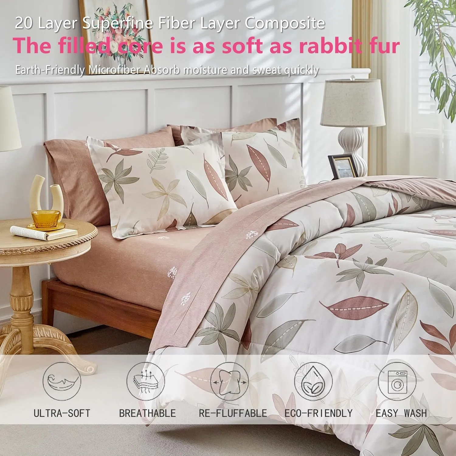 AIKASY 7-Piece Comforter Set Bed in a Bag, Beige Leaf Pattern Bedding Set with Comforter, Soft and Cozy All-Season Bedroom Decor (Queen, Beige)