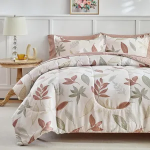 AIKASY 7-Piece Comforter Set Bed in a Bag, Beige Leaf Pattern Bedding Set with Comforter, Soft and Cozy All-Season Bedroom Decor (Queen, Beige)