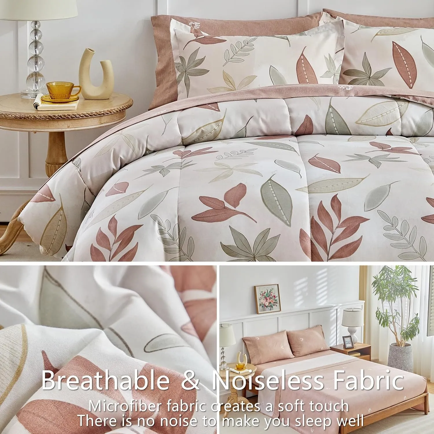 AIKASY 7-Piece Comforter Set Bed in a Bag, Beige Leaf Pattern Bedding Set with Comforter, Soft and Cozy All-Season Bedroom Decor (Queen, Beige)