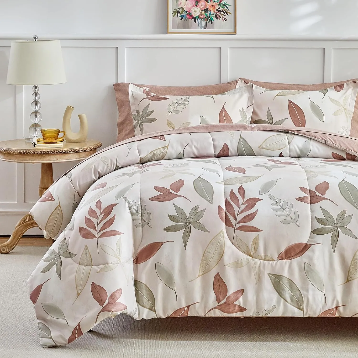 AIKASY 7-Piece Comforter Set Bed in a Bag, Beige Leaf Pattern Bedding Set with Comforter, Soft and Cozy All-Season Bedroom Decor (Queen, Beige)