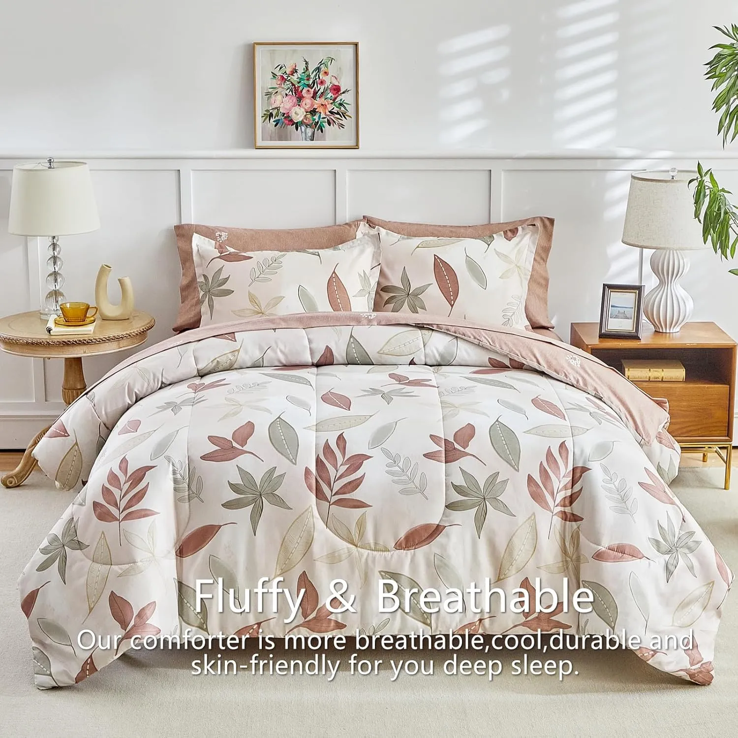 AIKASY 7-Piece Comforter Set Bed in a Bag, Beige Leaf Pattern Bedding Set with Comforter, Soft and Cozy All-Season Bedroom Decor (Queen, Beige)