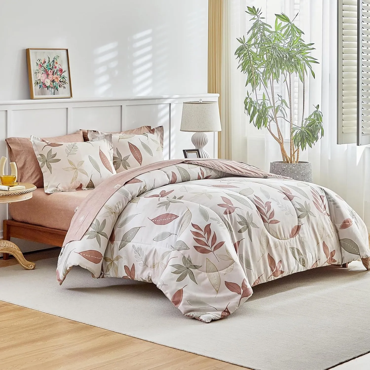 AIKASY 7-Piece Comforter Set Bed in a Bag, Beige Leaf Pattern Bedding Set with Comforter, Soft and Cozy All-Season Bedroom Decor (Queen, Beige)
