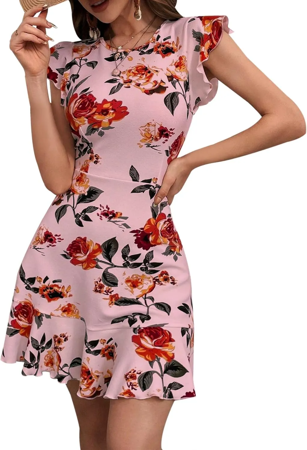 AIMCOO Women's Summer Flutter Sleeves Mini Dress Crewneck Ruffle Hem Casual Short Dresses Elegant Boho Floral A-Line Dress