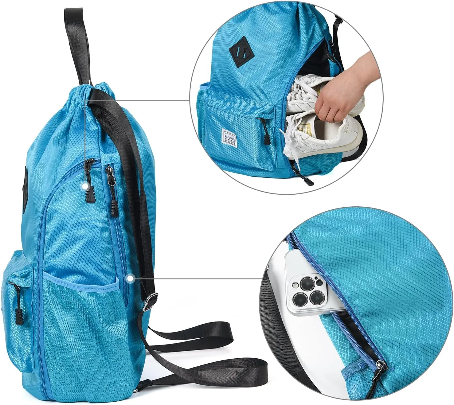 ALUSBELL Large Drawstring Backpack Bag, Sports Gym Bag String Sackpack with Shoes Compartment, Waterproof String Bag Cinch for Women Men(Lake Blue)