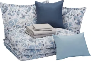 Amazon Basics Queen Comforter Set, Soft Microfiber, Machine Washable, Blue Watercolor Floral, 10-Piece