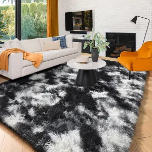 Amdrebio Black White Grey Cool Area Rugs for Bedroom Living Room, Fluffy Modern Furry Rugs for Kids Room Decor, Plush Shaggy Throw Rug 4x6 for Men Teen Boy, Aesthetic Floor Carpet for Dorm Home Office