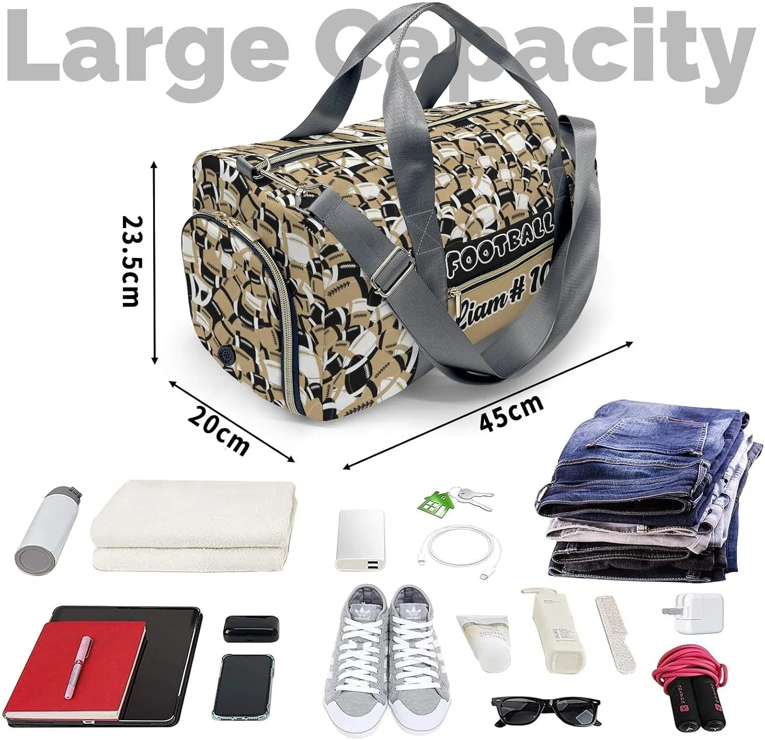 American Football Khaki Brown Waterproof Duffel Bag Gym Dance Sport Perform Training Travel Bag for Teens Adults Women Men