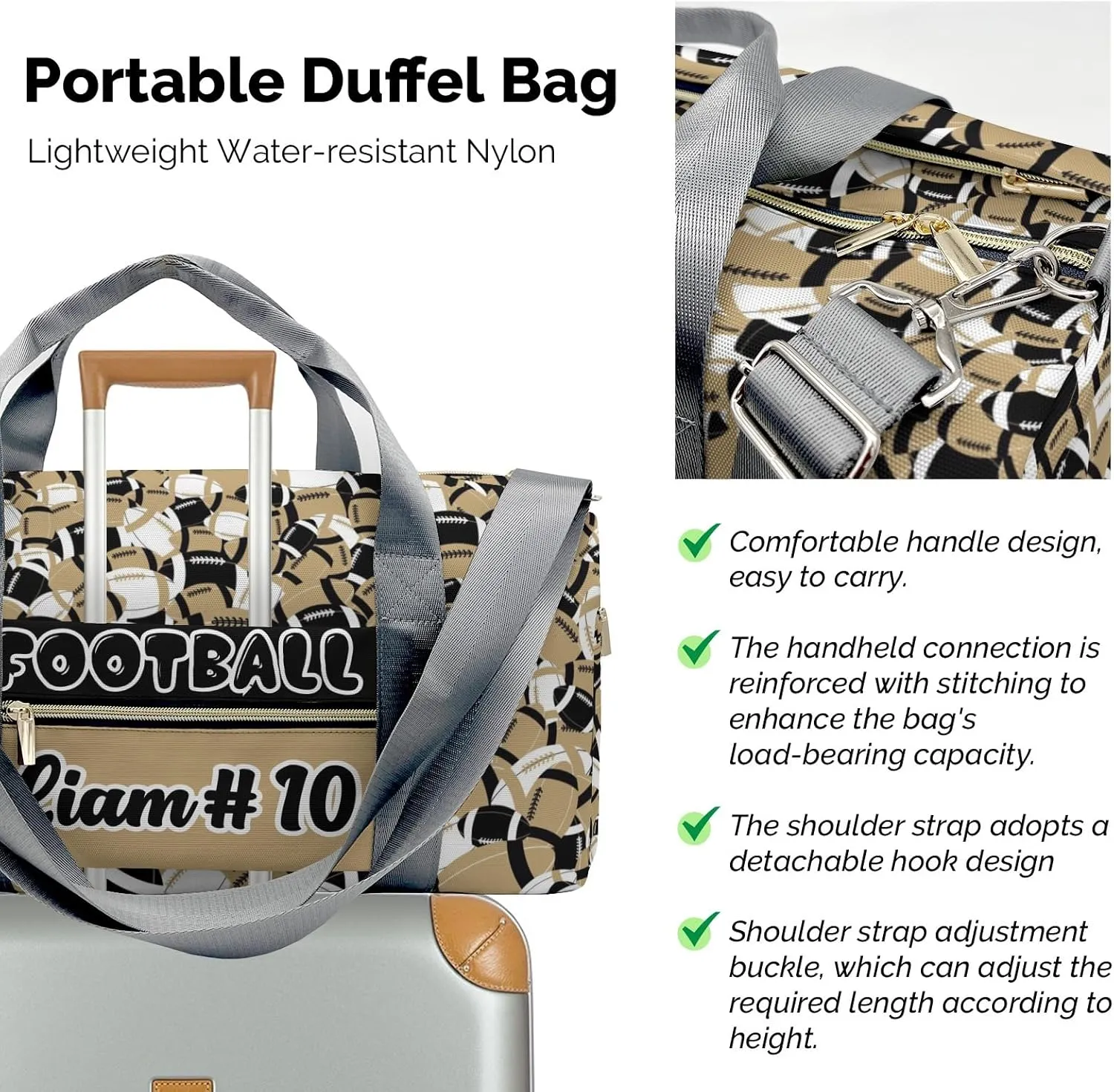 American Football Khaki Brown Waterproof Duffel Bag Gym Dance Sport Perform Training Travel Bag for Teens Adults Women Men