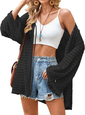 Angashion Women's Crochet Cardigan Sweaters Lightweight Knitted Long Batwing Sleeve Hollow Out Tie Front Boho Beach Cover Up