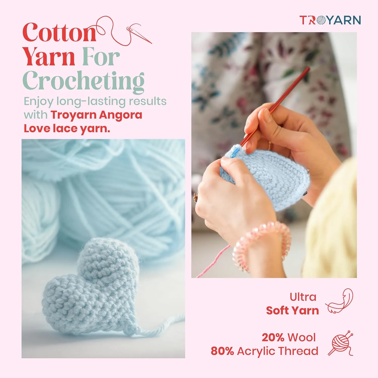 Angora Love (2-Skeins Pack) 20% Wool 80% Acrylic - Wool Yarn for Crocheting - Lace Weight #1 Fingering and Socks Yarn (2 x 3.52 oz) / (2 x 601 Yds) - Light Aqua