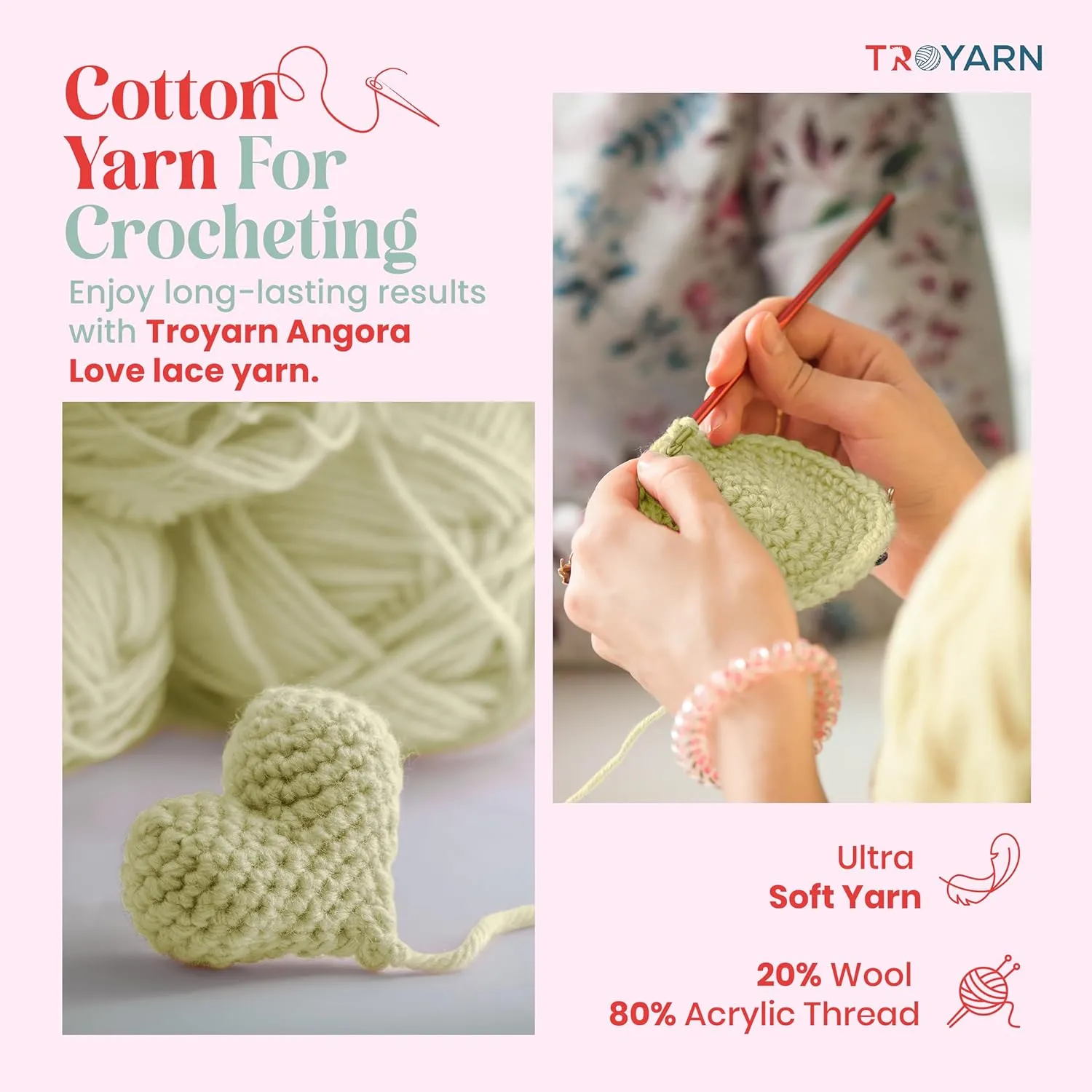 Angora Love (2-Skeins Pack) 20% Wool 80% Acrylic - Wool Yarn for Crocheting - Lace Weight #1 Fingering and Socks Yarn (2 x 3.52 oz) / (2 x 601 Yds) - Pastel Green