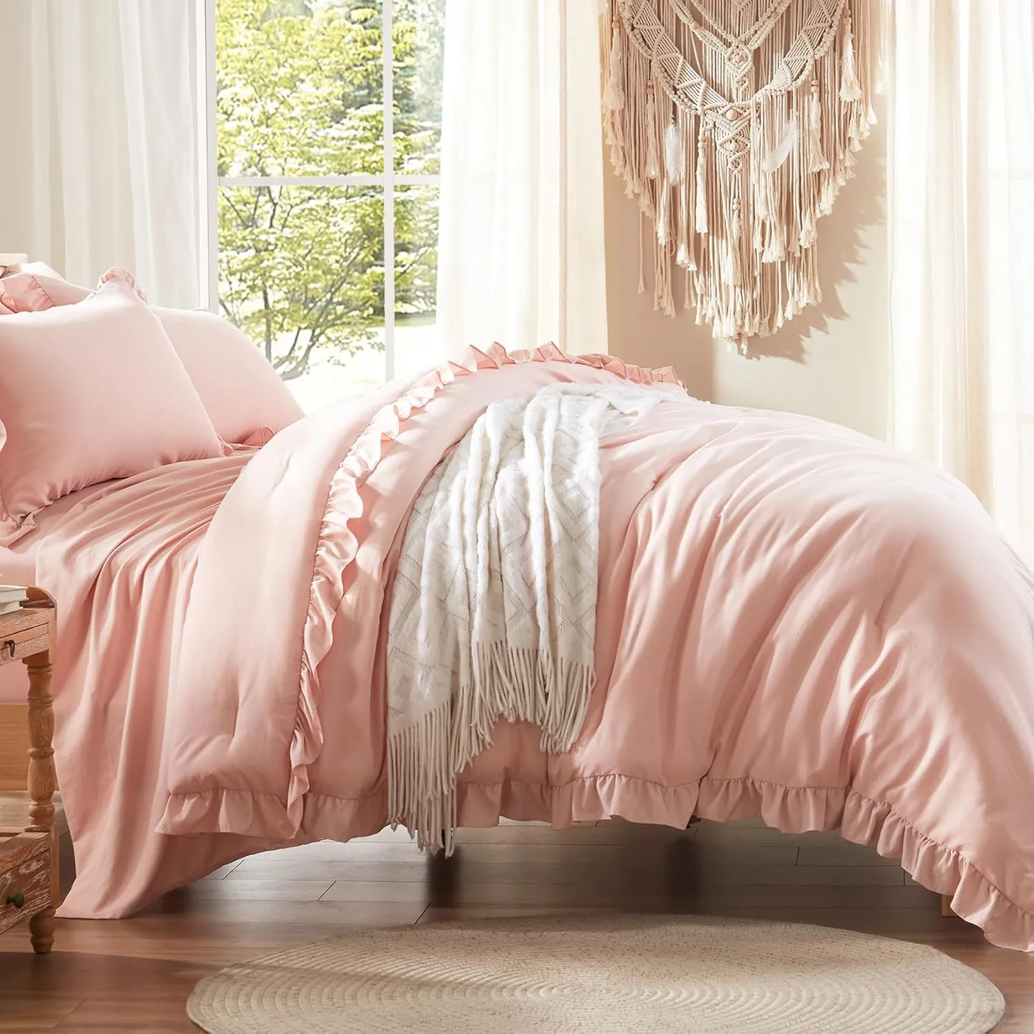 Anluoer King 7 Piece Pink Bed in a Bag - All Season Shabby Chic Bedding Sets with 1 Comforter, 2 Pillow Shams, 2 Pillowcases, 1 Flat Sheet, 1 Fitted Sheet