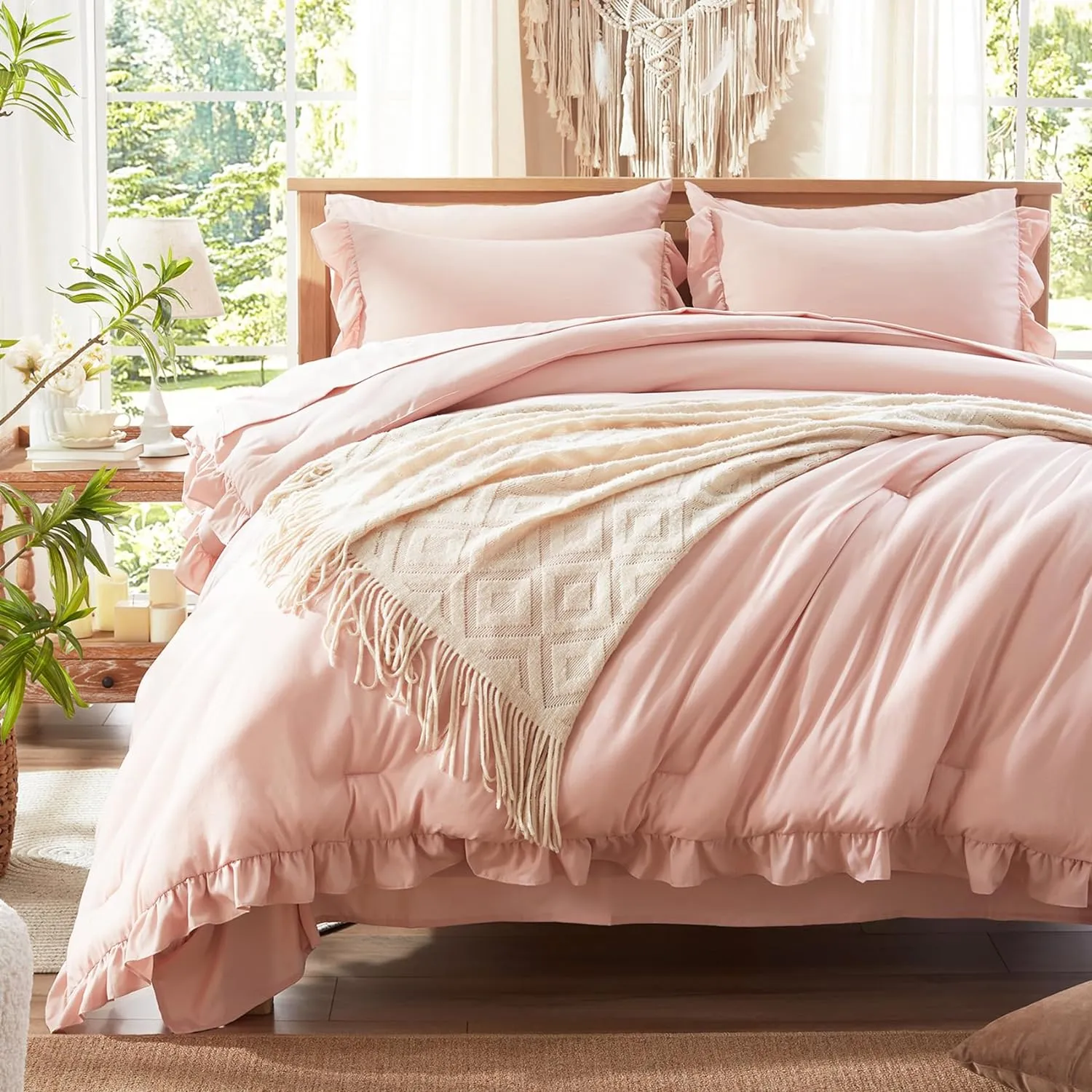 Anluoer King 7 Piece Pink Bed in a Bag - All Season Shabby Chic Bedding Sets with 1 Comforter, 2 Pillow Shams, 2 Pillowcases, 1 Flat Sheet, 1 Fitted Sheet