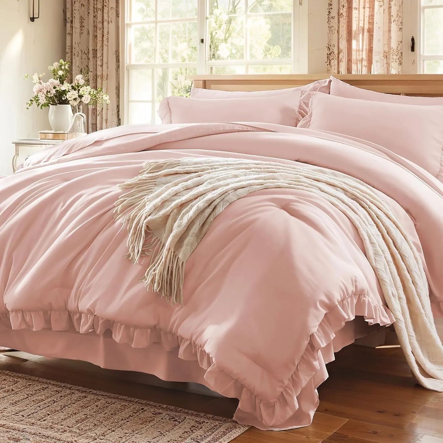 Anluoer King 7 Piece Pink Bed in a Bag - All Season Shabby Chic Bedding Sets with 1 Comforter, 2 Pillow Shams, 2 Pillowcases, 1 Flat Sheet, 1 Fitted Sheet