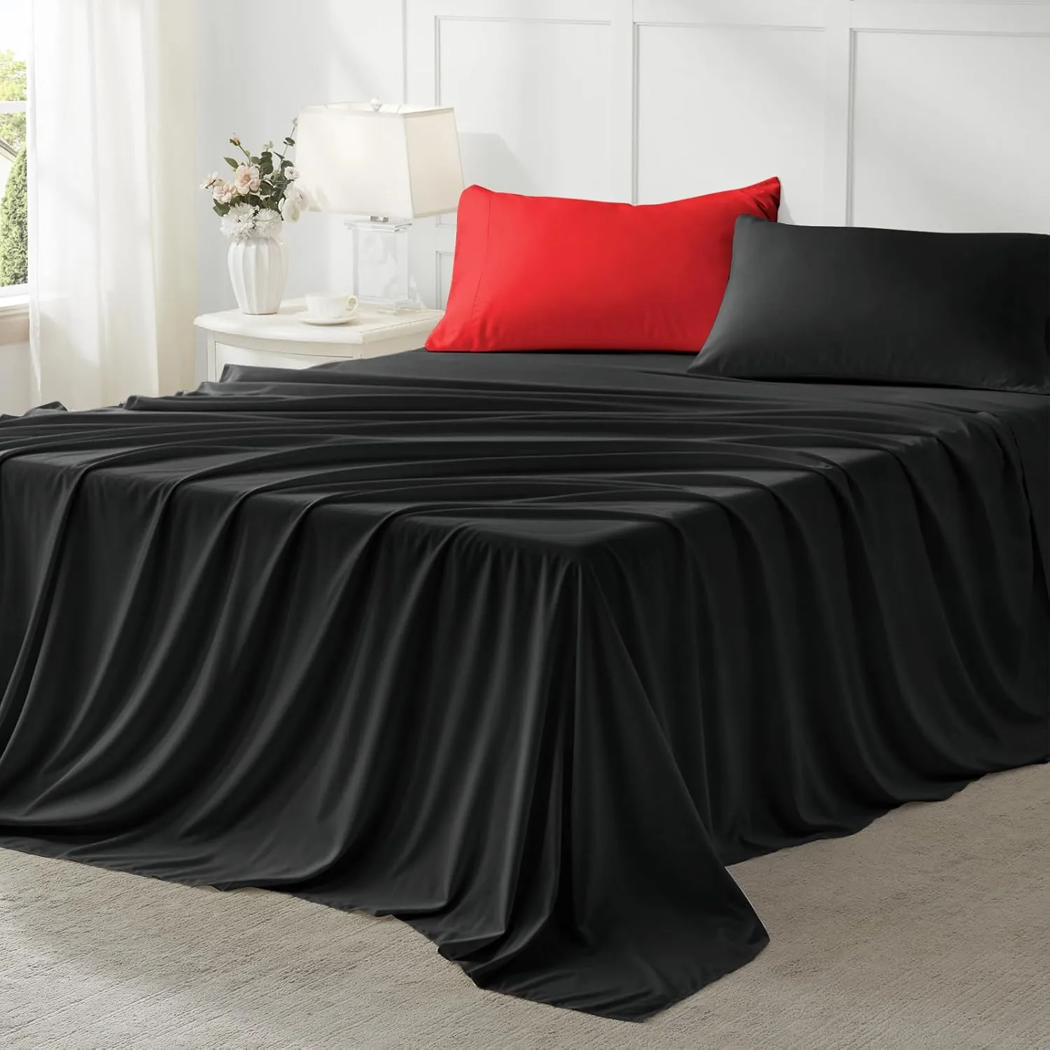 Anluoer King Size Comforter Set 7 Pieces, Black Bed in a Bag Bedding Set with 1 Comforter, 2 Pillow Shams, 2 Pillowcases, 1 Flat Sheet, 1 Fitted Sheet