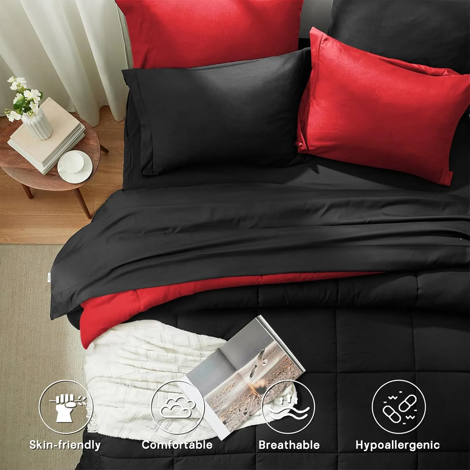 Anluoer King Size Comforter Set 7 Pieces, Black Bed in a Bag Bedding Set with 1 Comforter, 2 Pillow Shams, 2 Pillowcases, 1 Flat Sheet, 1 Fitted Sheet